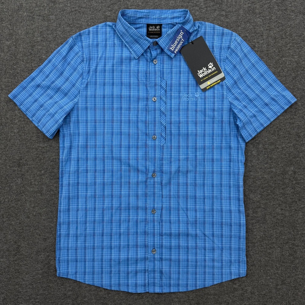 Jack Wolfskin Shirt Mens Small Blue‎ Plaid Rays Stretch Vent Short Sleeve NWT